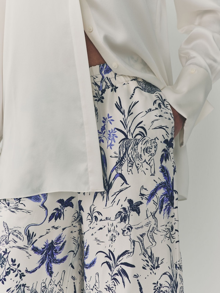 White/Blue Animal Print - Satijnen broek met wijde pijpen - Image 4 of 7