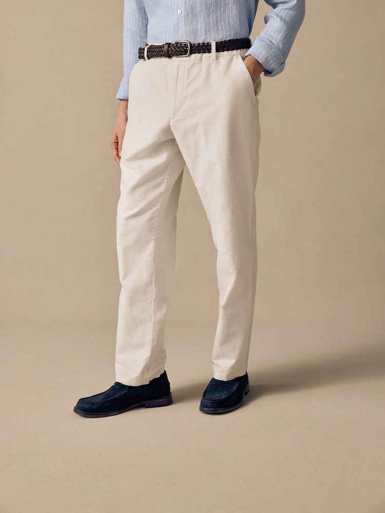 Ecru Regular Fit Smart Linen Cotton Blend Belted Trousers - Image 1 of 8