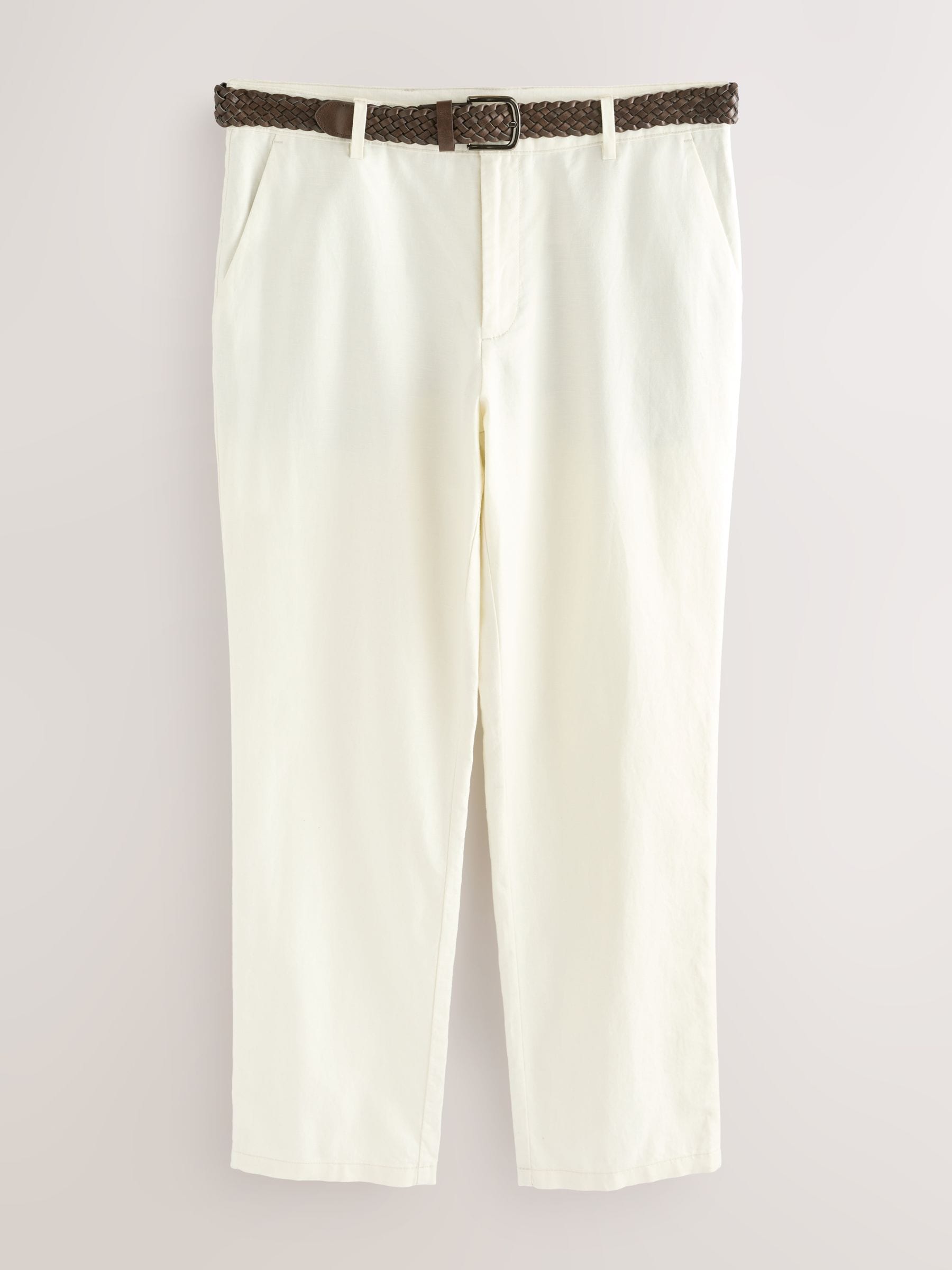 Buy Ecru Regular Fit Smart Linen Cotton Blend Belted Trousers from