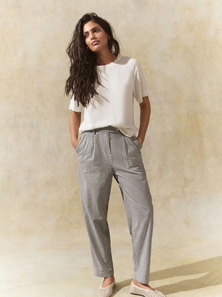 Black/White Gingham Stay Smart Barrel Leg Linen Rich Trousers - Image 1 of 8
