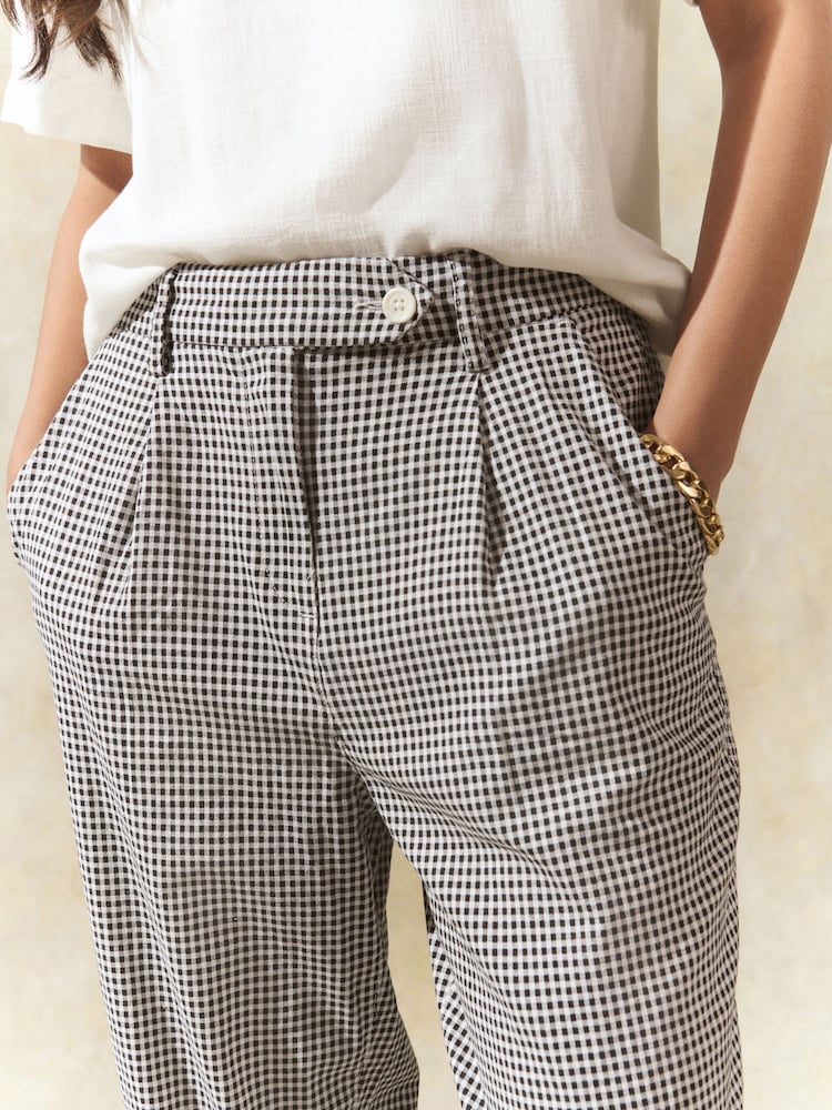 Black/White Gingham Stay Smart Barrel Leg Linen Rich Trousers - Image 4 of 8