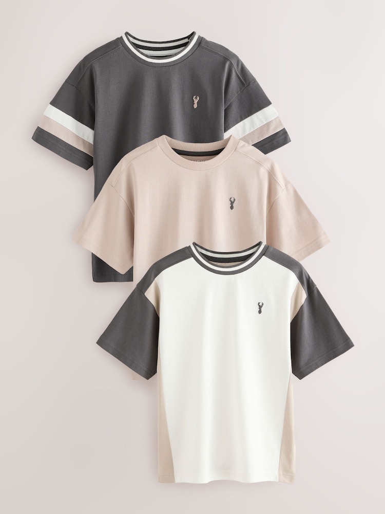 Grau/Zementgrau/Weiß - Kurzarm-T-Shirts aus 100% Baumwolle in Relaxed-Fit mit Colourblock-Design, 3er-Pack (3–16 J.) - Bild 1 von 4