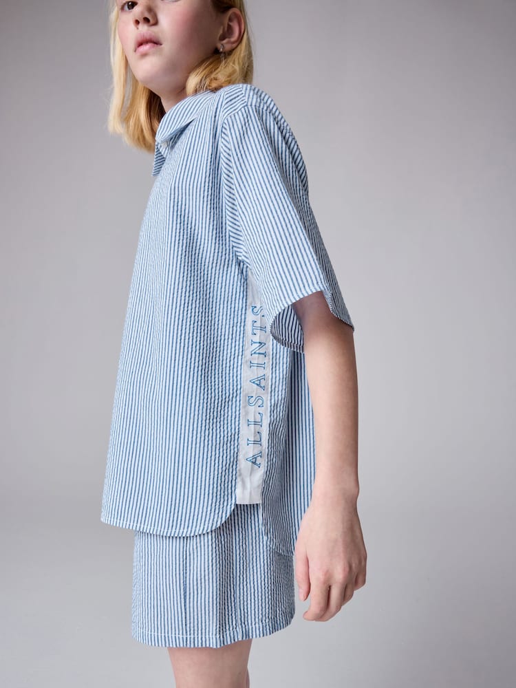 smALLSAINTS Blue/White Karina Stripe Relaxed 100% Cotton Shirt and Short Set - Image 2 of 9 smALLSAINTS Blue/White Karina Stripe Relaxed 100% Cotton Shirt and Short Set - Image 2 of 9