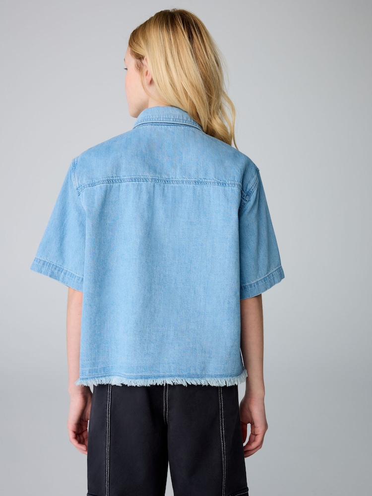 smALLSAINTS Light Blue Denim Girls Tove Short Sleeve 100% Cotton Denim Shirt - Image 2 of 5