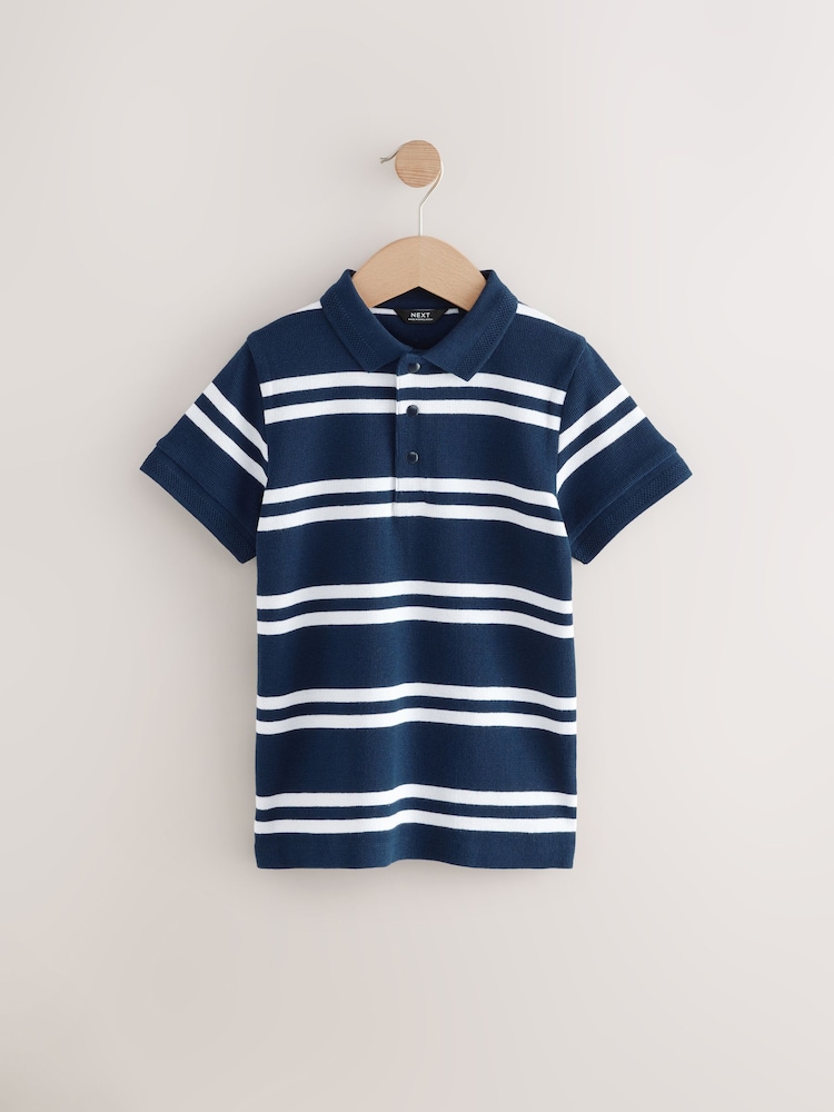 Navy/White Stripe Textured Short Sleeve 100% Cotton Polo Shirt (3-16yrs) - Image 1 of 5