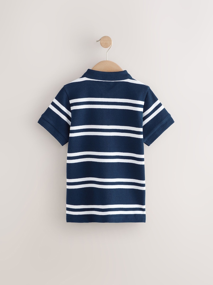 Navy/White Stripe Textured Short Sleeve 100% Cotton Polo Shirt (3-16yrs) - Image 2 of 5