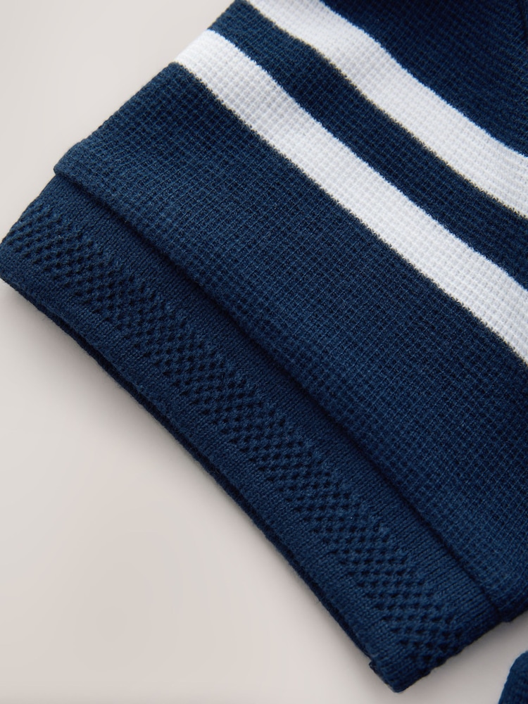 Navy/White Stripe Textured Short Sleeve 100% Cotton Polo Shirt (3-16yrs) - Image 5 of 5