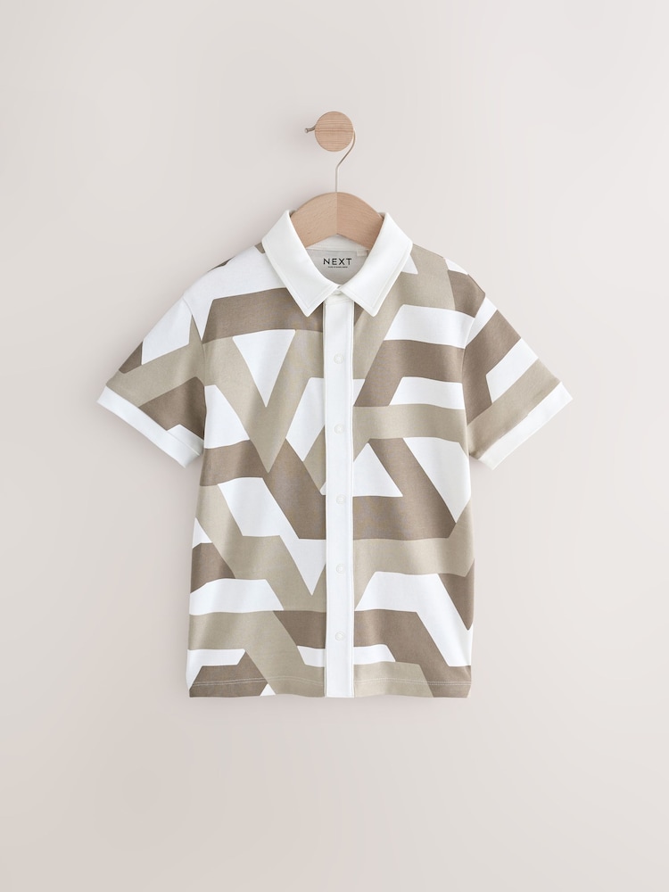 Stone/White 100% Cotton Geo Short Sleeve Polo Shirt (3-16yrs) - Image 1 of 4 Stone/White 100% Cotton Geo Short Sleeve Polo Shirt (3-16yrs) - Image 1 of 4