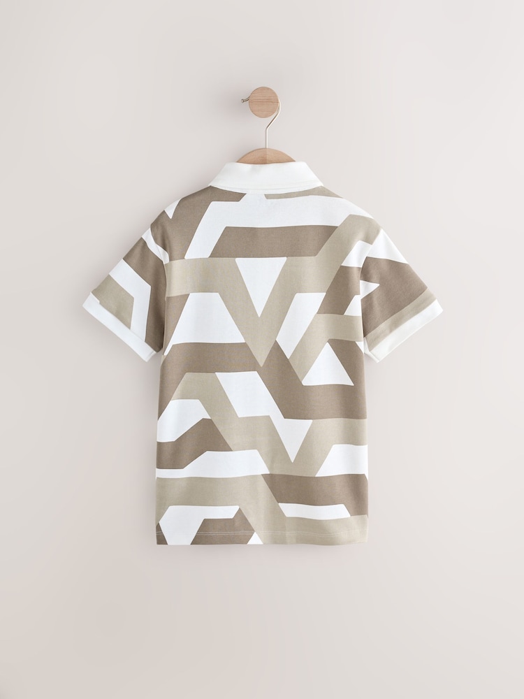 Stone/White 100% Cotton Geo Short Sleeve Polo Shirt (3-16yrs) - Image 2 of 4 Stone/White 100% Cotton Geo Short Sleeve Polo Shirt (3-16yrs) - Image 2 of 4