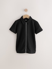 Black Zip Through Short Sleeve 100% Cotton Polo Shirt (3-16yrs) - Image 1 of 4