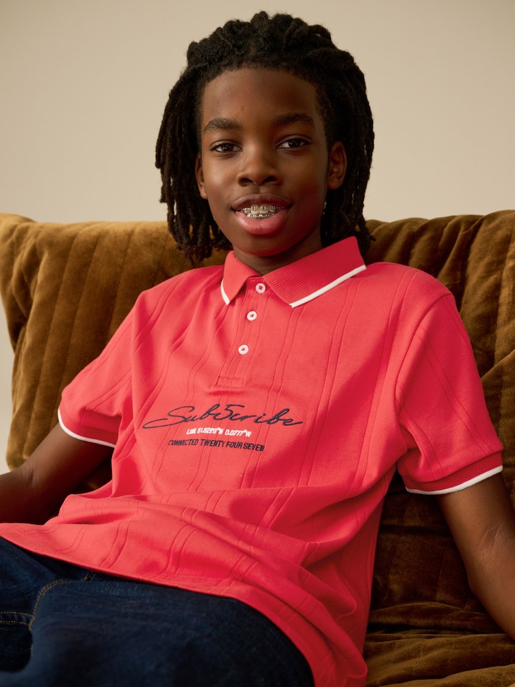 Red Textured Short Sleeve 100% Cotton Jersey Polo Shirt (3-16yrs) - Image 1 of 7