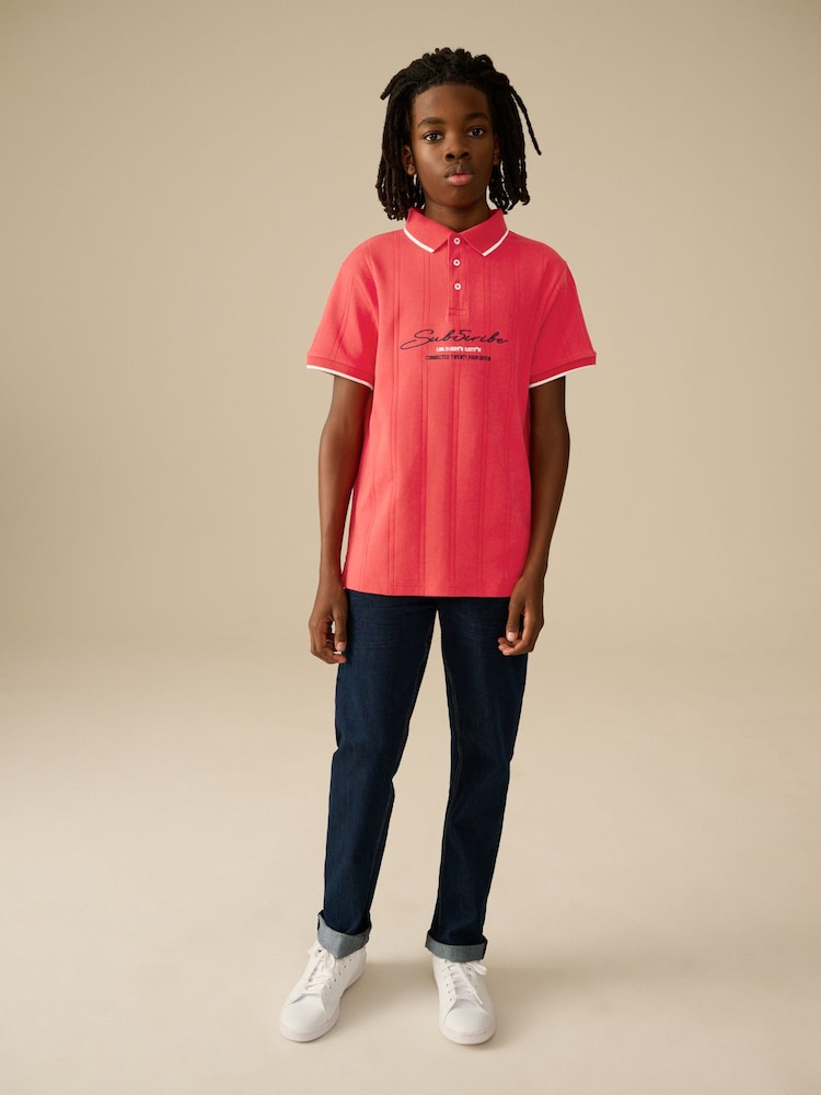 Red Textured Short Sleeve 100% Cotton Jersey Polo Shirt (3-16yrs) - Image 2 of 7