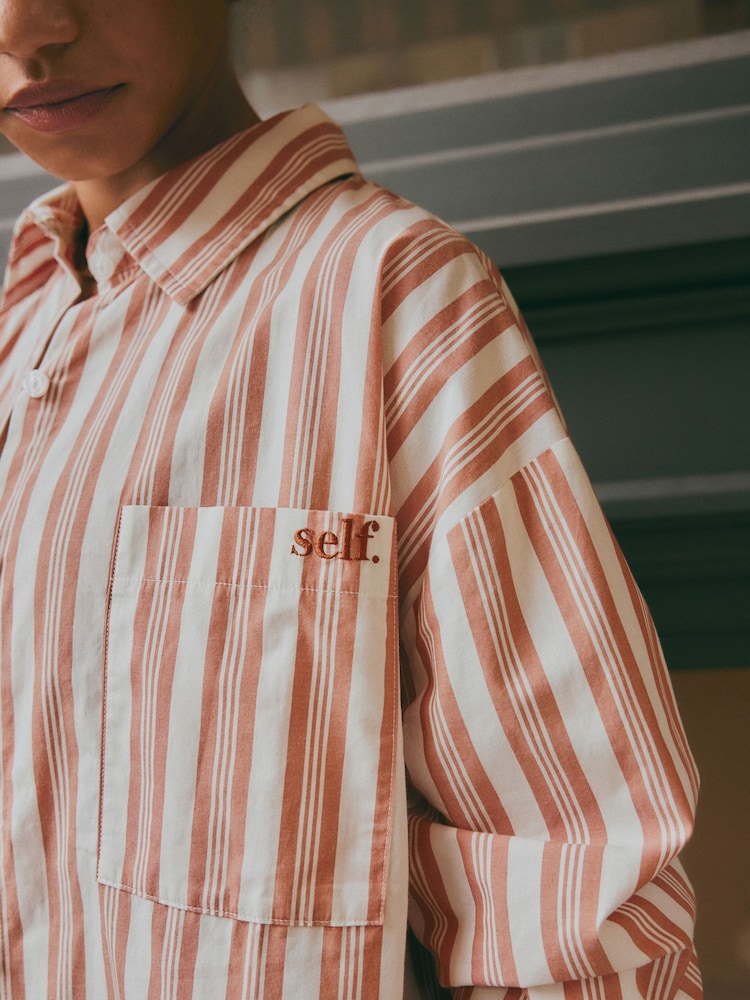 self. Rust Brown Stripe Oversized 100% Cotton Shirt - Image 4 of 8