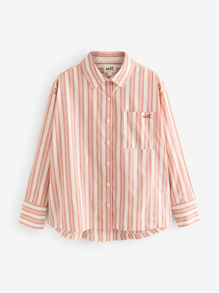 self. Rust Brown Stripe Oversized 100% Cotton Shirt - Image 5 of 8