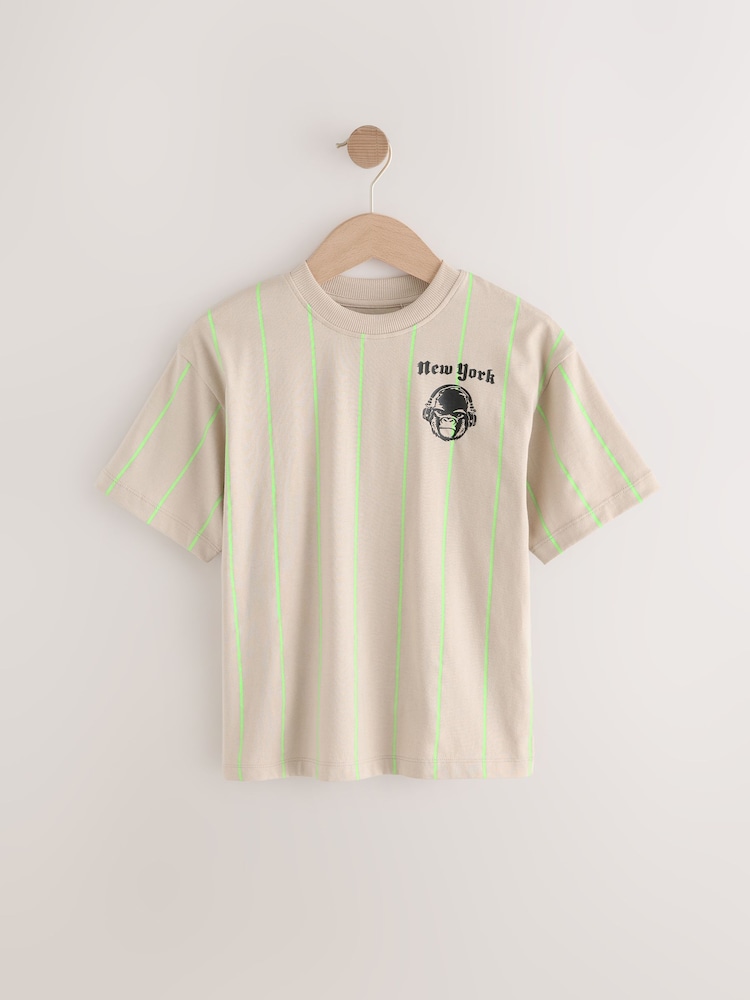 Stone/Lime Stripe Relaxed Fit Short Sleeve Graphic Print T-Shirt (3-16yrs) - Image 1 of 4