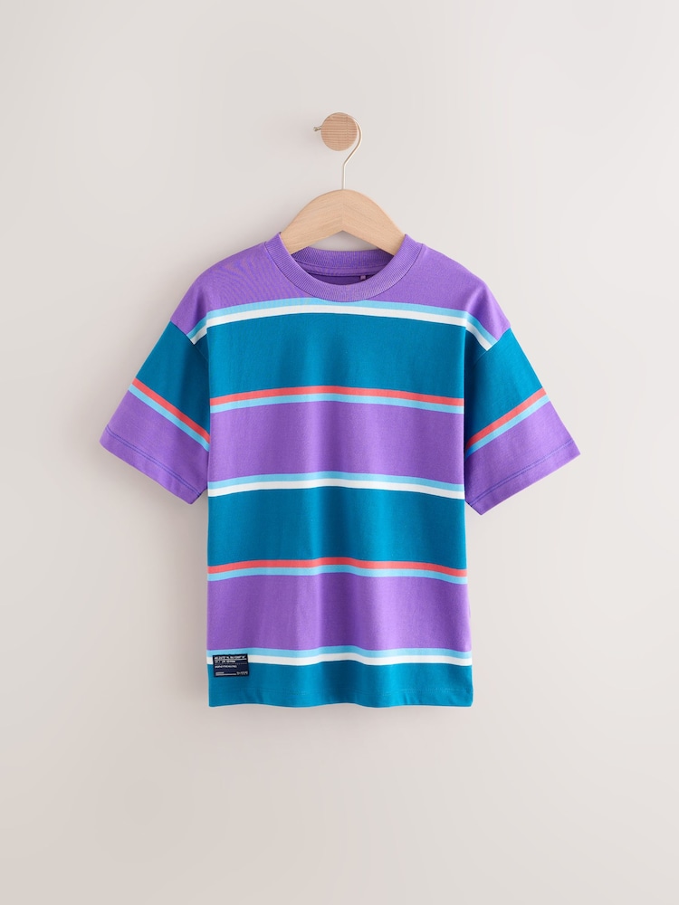 Morado/verde azulado - Camiseta de corte relajado de rayas de manga corta 100% algodón (3-16años) - Imagen 1 de 4 Morado/verde azulado - Camiseta de corte relajado de rayas de manga corta 100% algodón (3-16años) - Imagen 1 de 4