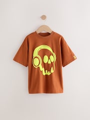 Rust Brown/ Fluro Skull Relaxed Fit Short Sleeve Graphic Print T-Shirt (3-16yrs) - Image 1 of 4