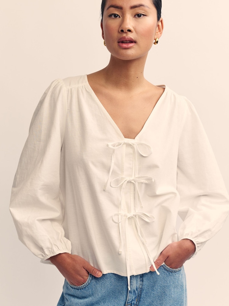 Nobody's Child White Bernadetta Cotton/Linen Mix Top - Image 1 of 5