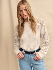 Nobody's Child White Mesh Stitch Jumper With Linen - Image 1 of 5