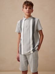 Grey/White Zip Neck Stripe Polo Shirt and Shorts Set (3-16yrs) - Image 1 of 10