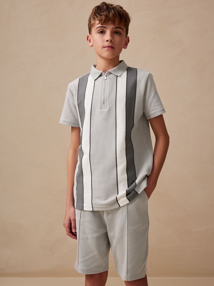 Grey/White Zip Neck Stripe Polo Shirt and Shorts Set (3-16yrs) - Image 1 of 10
