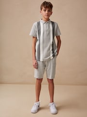 Grey/White Zip Neck Stripe Polo Shirt and Shorts Set (3-16yrs) - Image 2 of 10