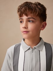 Grey/White Zip Neck Stripe Polo Shirt and Shorts Set (3-16yrs) - Image 4 of 10