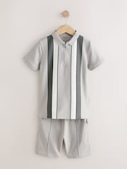 Grey/White Zip Neck Stripe Polo Shirt and Shorts Set (3-16yrs) - Image 6 of 10