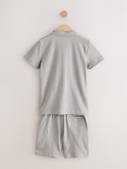 Grey/White Zip Neck Stripe Polo Shirt and Shorts Set (3-16yrs) - Image 7 of 10