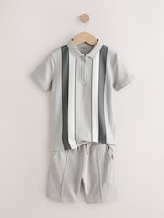 Grey/White Zip Neck Stripe Polo Shirt and Shorts Set (3-16yrs) - Image 8 of 10