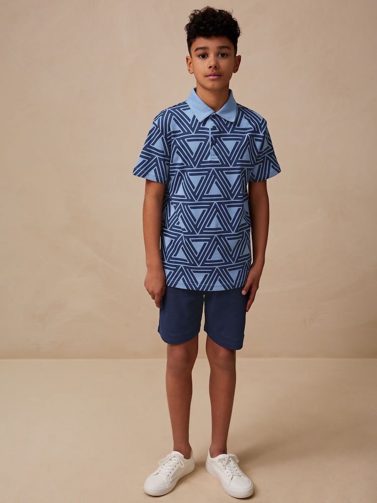 Navy Blue Geo Short Sleeve Polo Shirt and Shorts Set (3-16yrs) - Image 1 of 9