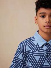 Navy Blue Geo Short Sleeve Polo Shirt and Shorts Set (3-16yrs) - Image 3 of 9