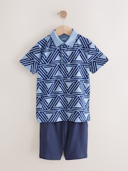 Navy Blue Geo Short Sleeve Polo Shirt and Shorts Set (3-16yrs) - Image 5 of 9