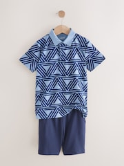 Navy Blue Geo Short Sleeve Polo Shirt and Shorts Set (3-16yrs) - Image 6 of 9