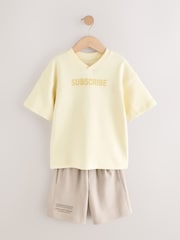 Yellow/Stone Subscribe V-Neck Short Sleeve T-Shirt and Shorts Set (3-16yrs) - Image 1 of 5