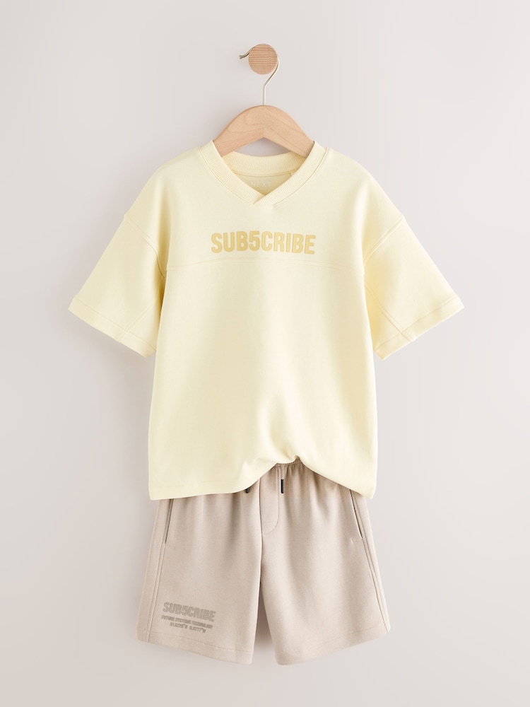 Yellow/Stone Subscribe V-Neck Short Sleeve T-Shirt and Shorts Set (3-16yrs) - Image 2 of 5