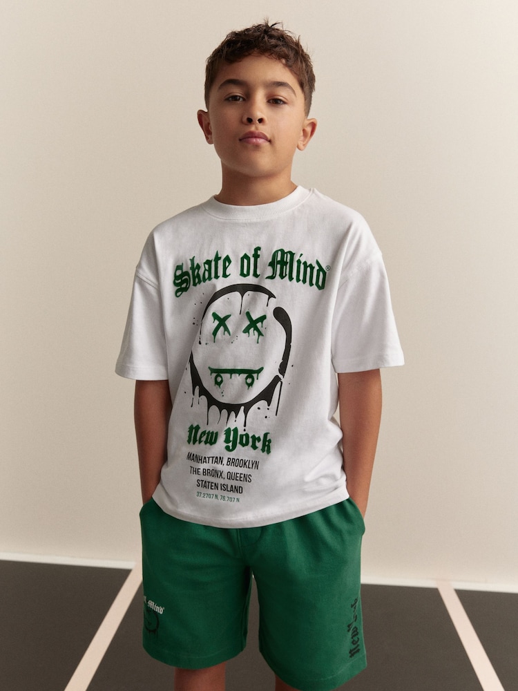 White/Green Skate of Mind Relaxed Fit Short Sleeve T-Shirt and Shorts Set (3-16yrs) - Image 1 of 4