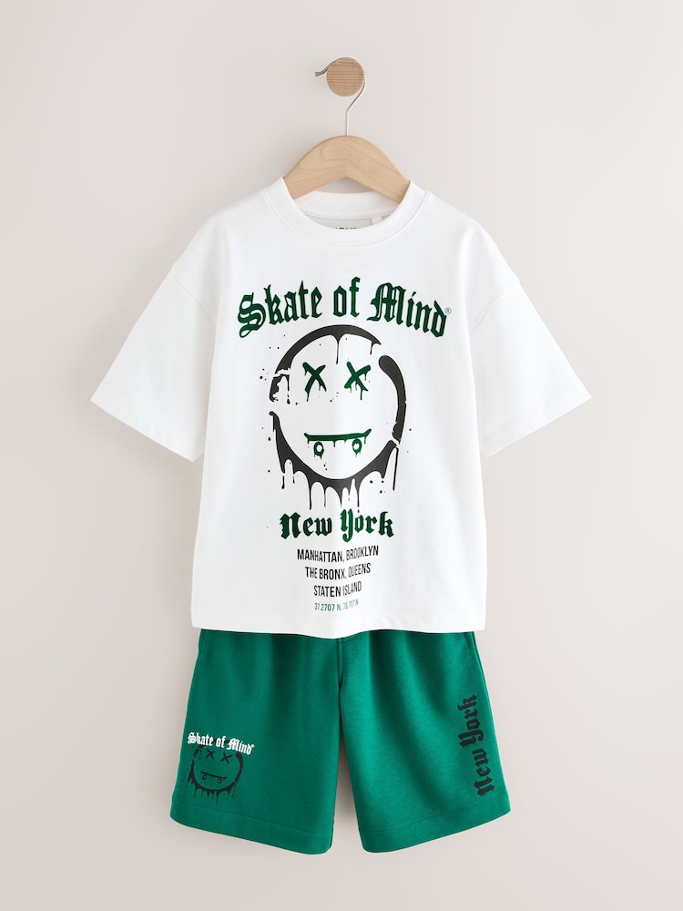 White/Green Skate of Mind Relaxed Fit Short Sleeve T-Shirt and Shorts Set (3-16yrs) - Image 5 of 9
