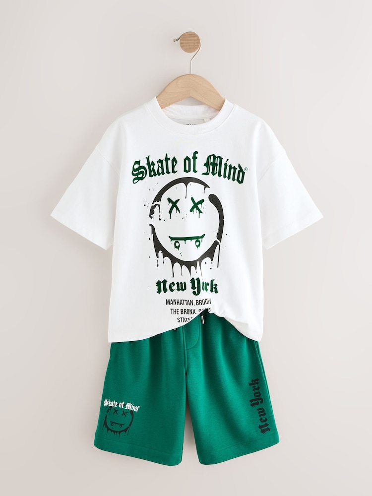 White/Green Skate of Mind Relaxed Fit Short Sleeve T-Shirt and Shorts Set (3-16yrs) - Image 7 of 9