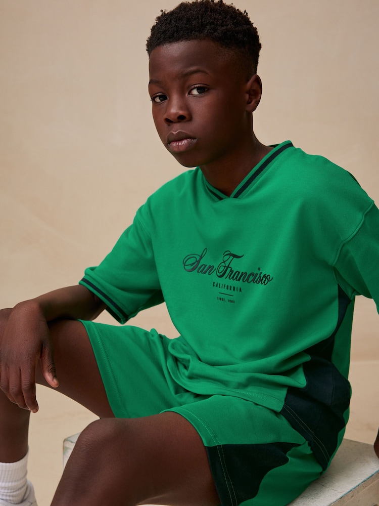 Green Sporty V-Neck Short Sleeve T-Shirt and Shorts Set (3-16yrs) - Image 1 of 10