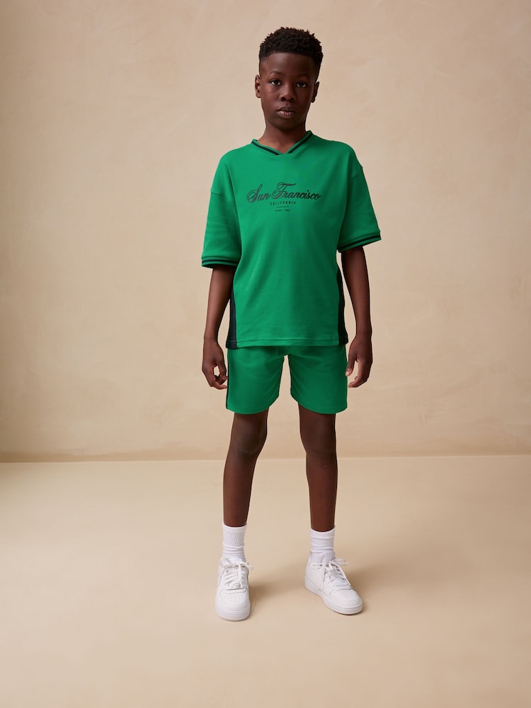 Green Sporty V-Neck Short Sleeve T-Shirt and Shorts Set (3-16yrs) - Image 2 of 10
