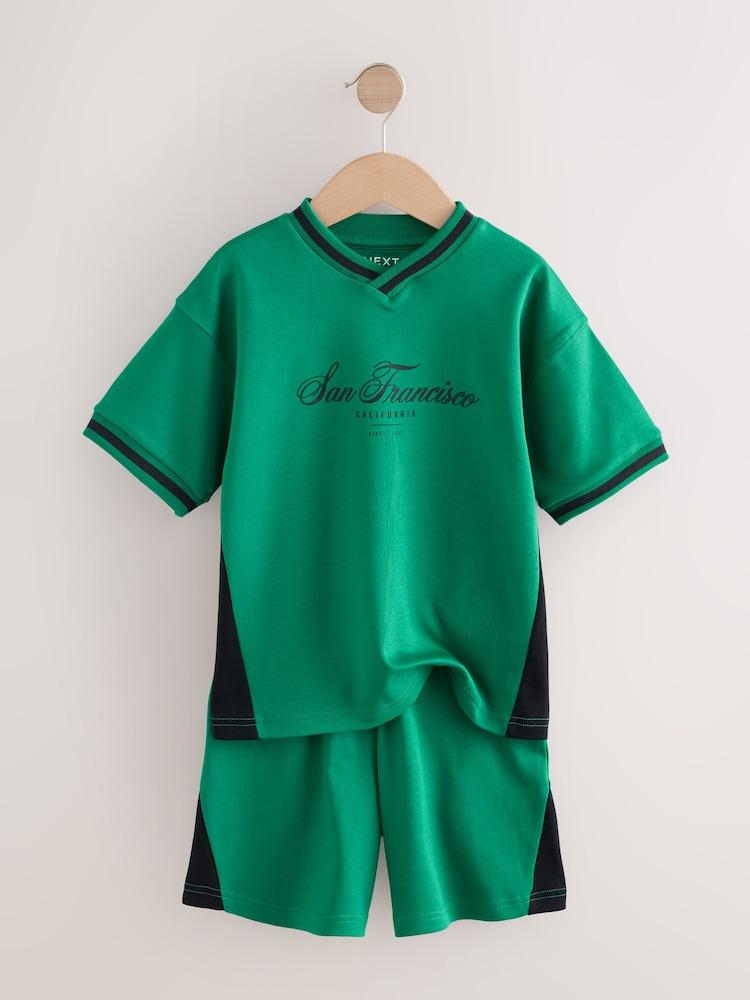 Green Sporty V-Neck Short Sleeve T-Shirt and Shorts Set (3-16yrs) - Image 7 of 10