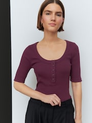 Berry Red Wide Rib Short Sleeve Button Henley Top - Image 1 of 5