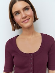 Berry Red Wide Rib Short Sleeve Button Henley Top - Image 2 of 5