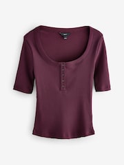 Berry Red Wide Rib Short Sleeve Button Henley Top - Image 3 of 5