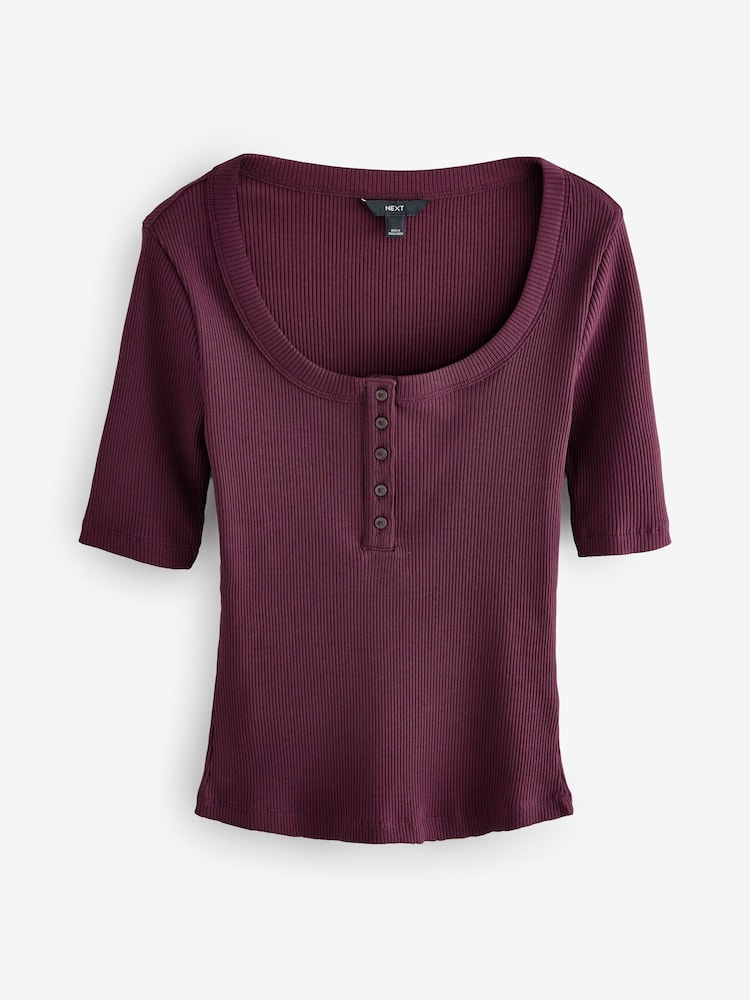 Berry Red Wide Rib Short Sleeve Button Henley Top - Image 3 of 5