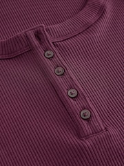 Berry Red Wide Rib Short Sleeve Button Henley Top - Image 4 of 5