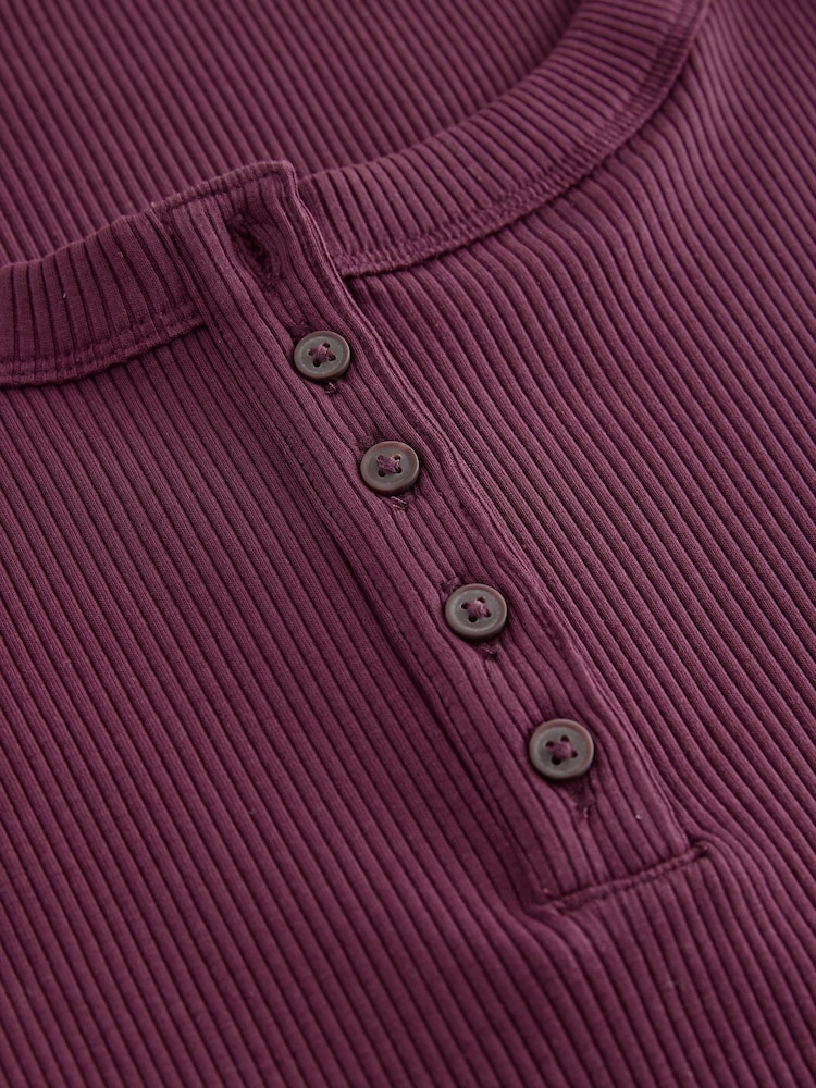 Berry Red Wide Rib Short Sleeve Button Henley Top - Image 4 of 5