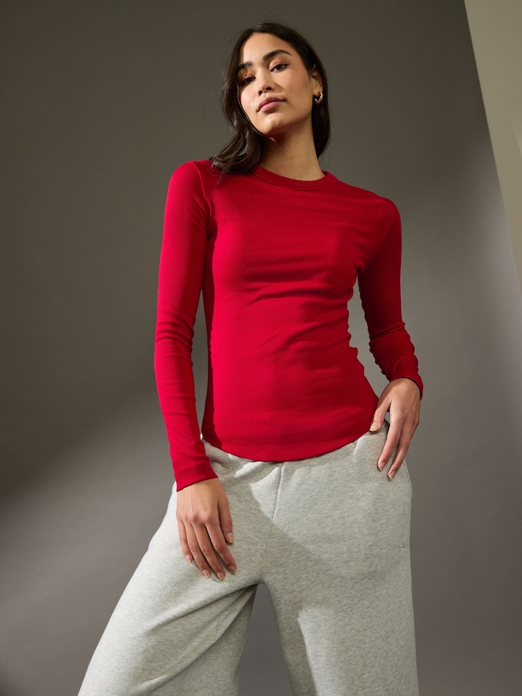 Red Long Sleeve Ribbed Crew Neck Top - Image 1 of 6