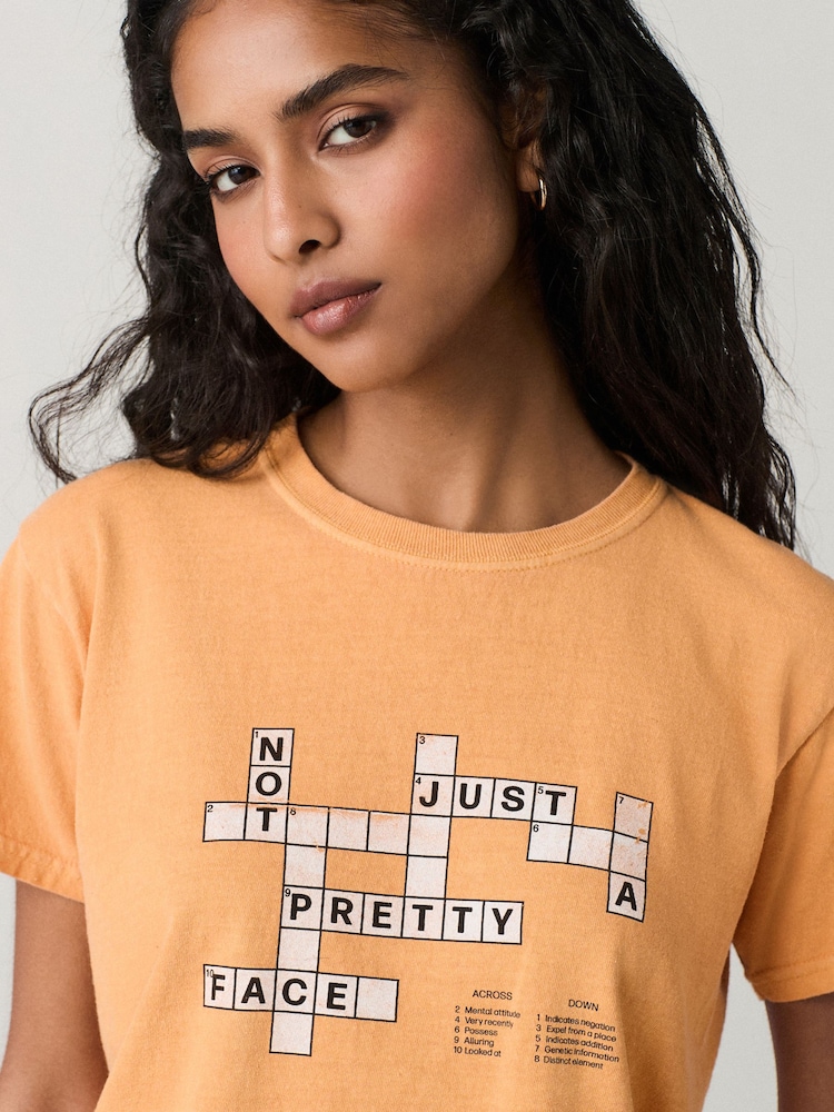 Orange 100% Cotton Novelty Crossword Puzzle Graphic Short Sleeve T-Shirt - Image 4 of 4